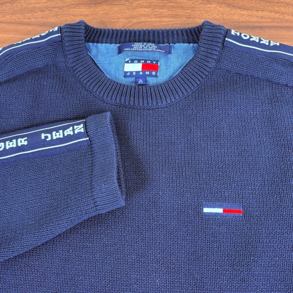 Tommy Hilfiger Jeans Navy Blue‎ Cotton Sweater Mens L Logo Tape Sleeve Crewneck